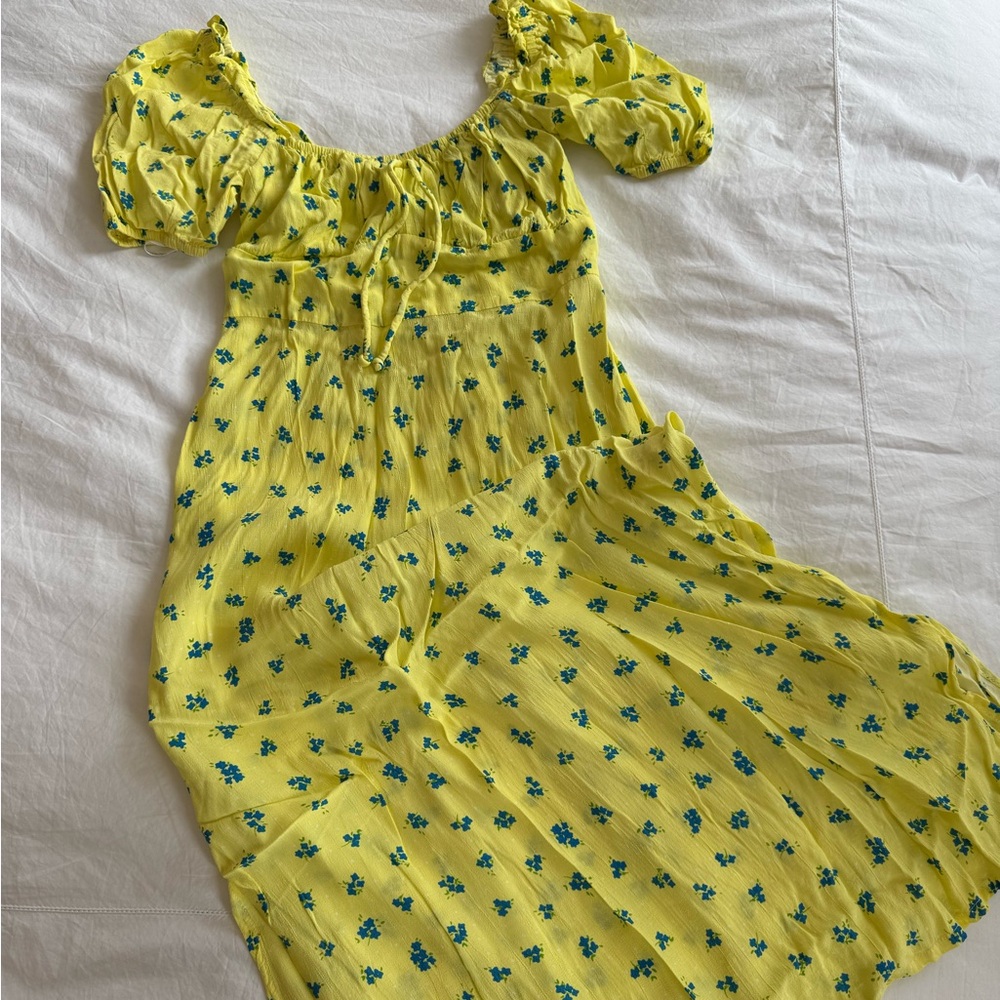 Faithfull the Brand Yellow Floral Puff-Sleeve Midi Dress